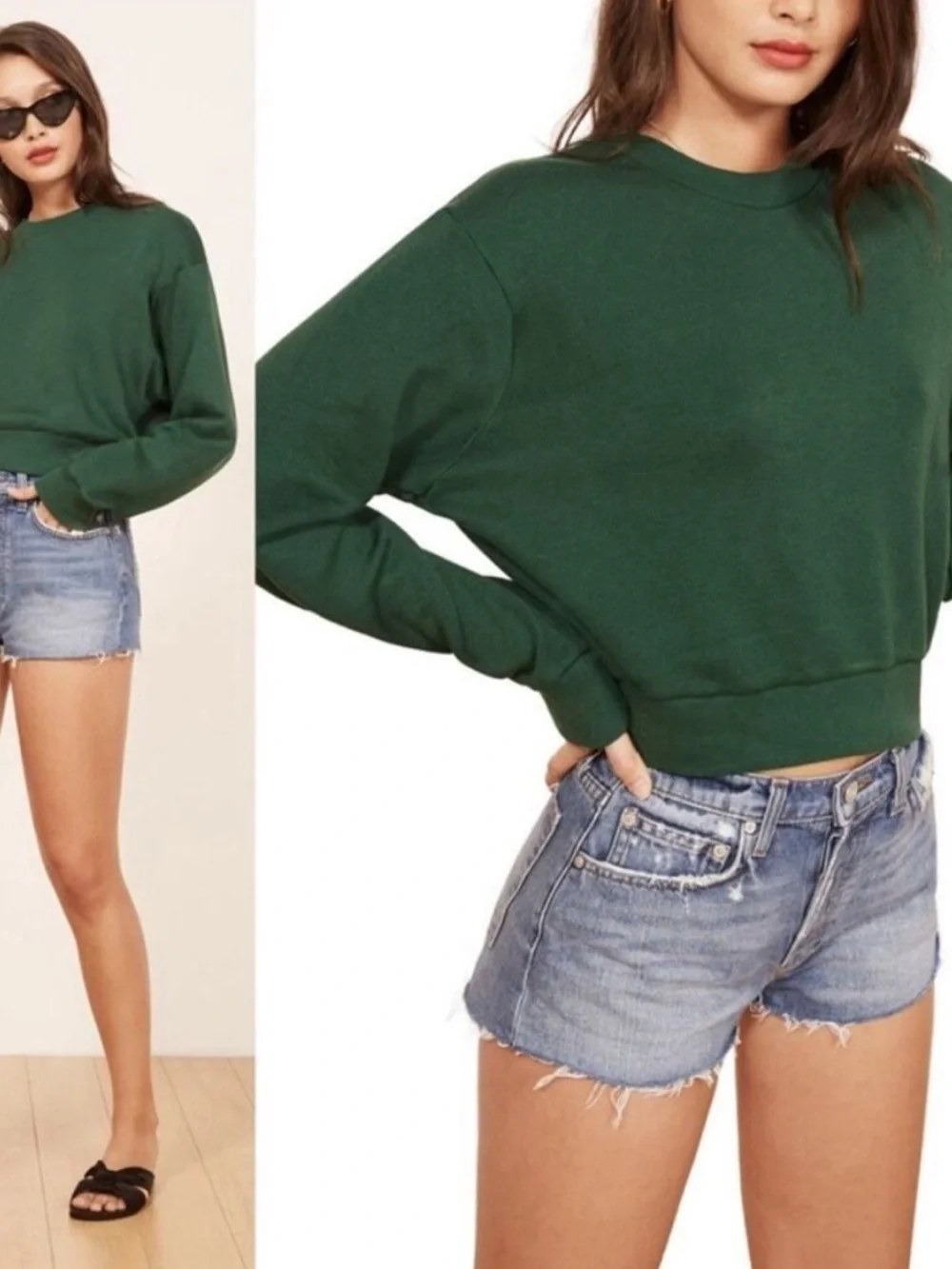 Reformation Jeans Forest Green Cropped Crewneck Sweatshirt Size Small Oversized - Picture 4 of 10
